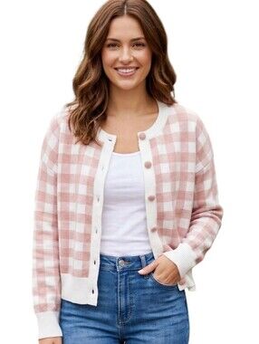 Nanette Lepore Pink White Gingham Crewneck Cardigan Sweater Size L